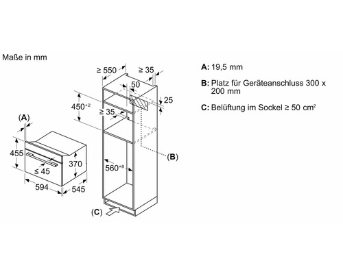 Maße des Backofens und des Hochschranks in Millimeter