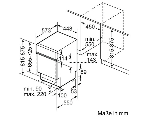 Maßzeichnung eines Geschirrspülers mit den dazugehörigen Maßen in Millimeter.