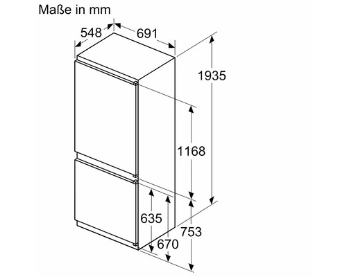 Technische Zeichnung eines Kühlschranks mit Maßangaben in Millimetern.