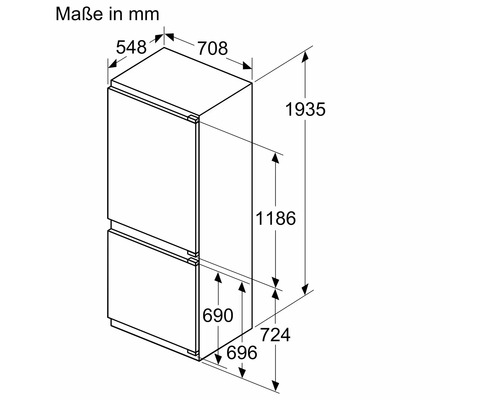 Maßzeichnung eines Kühlgefrierkombination mit Maßangaben in Millimeter