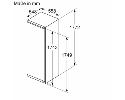 Technische Zeichnung eines Kühlschranks mit Maßangaben in Millimetern