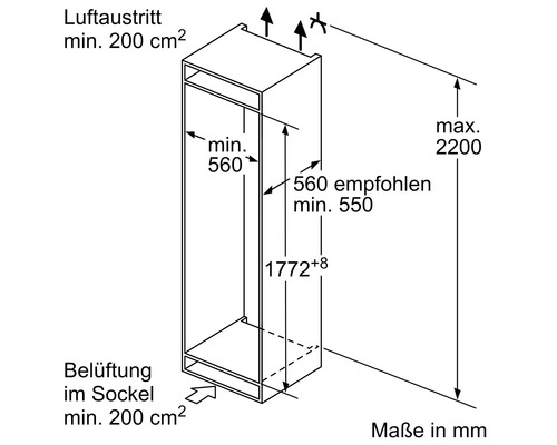 Maße eines Küchenschranks mit Angaben zu Luftaustritt, Belüftung und Höhe in Millimeter