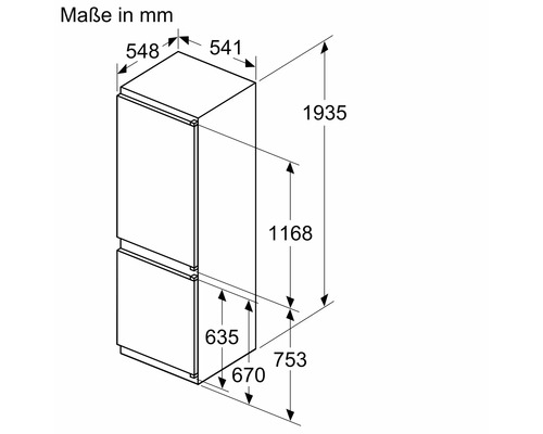 Maßzeichnung eines Kühlschranks mit Höhen- und Breitenangaben in Millimetern