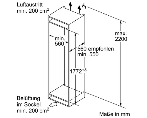 Technische Zeichnung eines Hochschranks mit Maßangaben in Millimeter