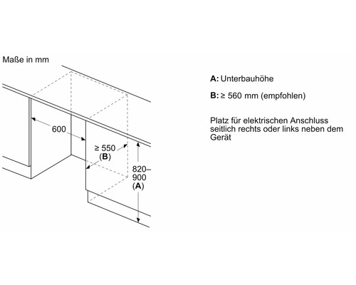 Einbauskizze für Elektrogeräte mit den Maßen Unterbauhöhe 820 bis 900 Millimeter und Gerätebreite 600 Millimeter