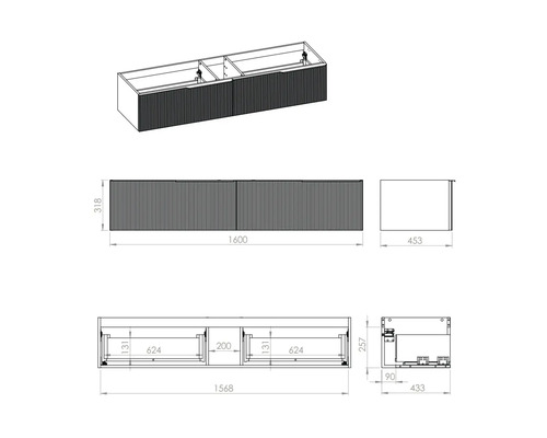 Technische Zeichnung eines Waschtischunterschranks mit Maßangaben