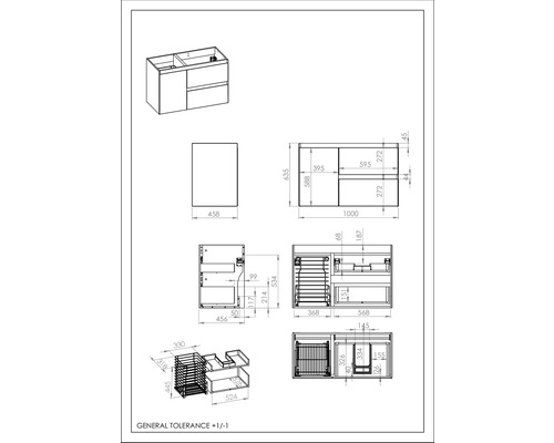 Technische Zeichnung eines Waschtischunterschranks mit Maßen