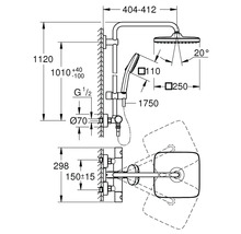 Technische Zeichnung eines Duschsystems mit Maßen.