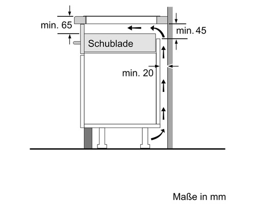 Technische Zeichnung eines Unterschranks mit Schublade und Mindestmaßen in Millimeter