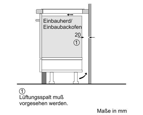 Installationszeichnung für Einbauherd oder Einbaubackofen mit Maßangaben in Millimetern