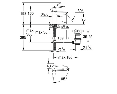 Technische Zeichnung einer Armatur mit Maßangaben