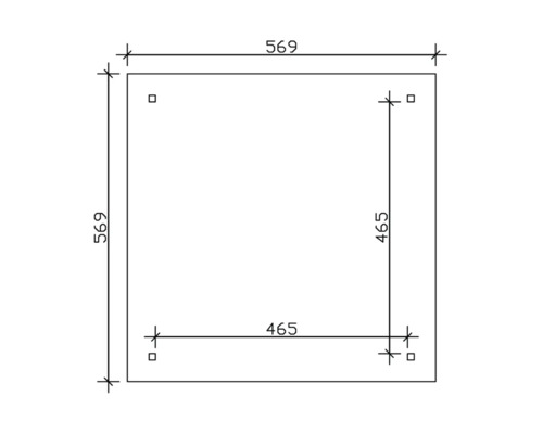 Technische Zeichnung einer quadratischen Platte mit den Maßen 569 mal 569 Millimeter und einer inneren quadratischen Markierung von 465 mal 465 Millimeter.