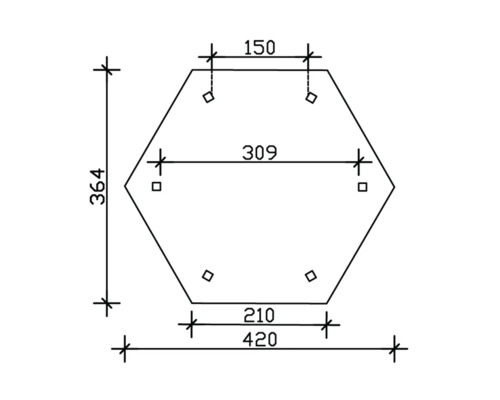 Technische Zeichnung einer sechseckigen Platte mit Maßangaben