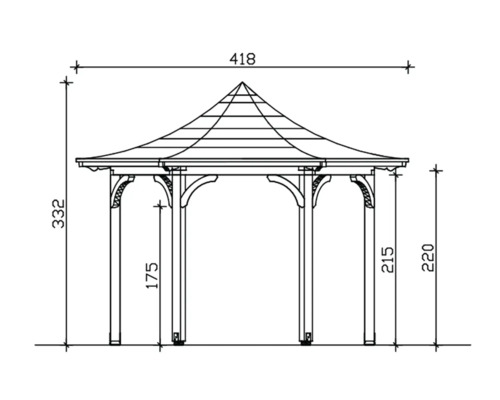 Technische Zeichnung eines Gartenpavillons mit Maßangaben.