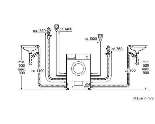 Installationsskizze für eine Waschmaschine mit Maßangaben in Millimetern