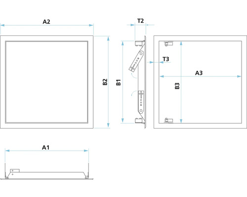 Technische Zeichnung einer Revisionsklappe mit Maßangaben