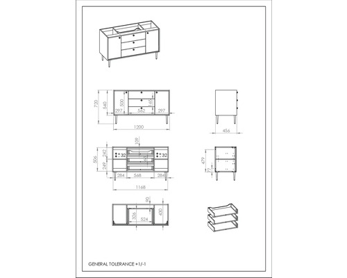 Technische Zeichnung eines Waschtischunterschranks mit Abmessungen