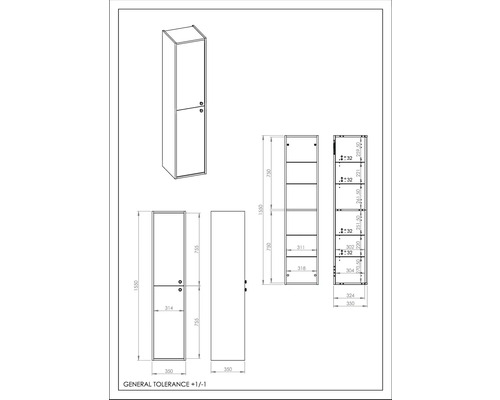 Technische Zeichnung eines Hochschranks mit Maßen