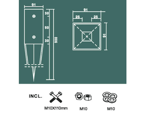 Technische Zeichnung eines Erdankers mit Maßangaben und mitgelieferten Schrauben