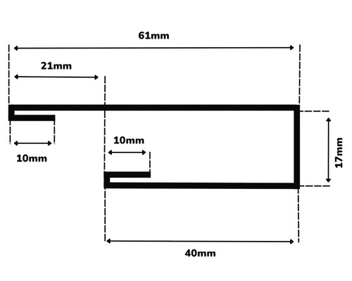 Technische Zeichnung mit den Maßen 61 Millimeter, 40 Millimeter, 21 Millimeter, 17 Millimeter und 10 Millimeter