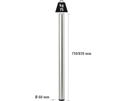 Tischbein aus Metall, Durchmesser 60 mm, Länge 710 bis 870 mm, Belastbarkeit 75 kg
