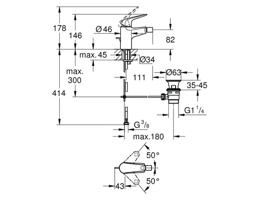 Maßzeichnung einer Armatur mit detaillierten Maßangaben