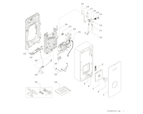 Explosionszeichnung einer Heizungsanlage mit Einzelteilen und Nummern