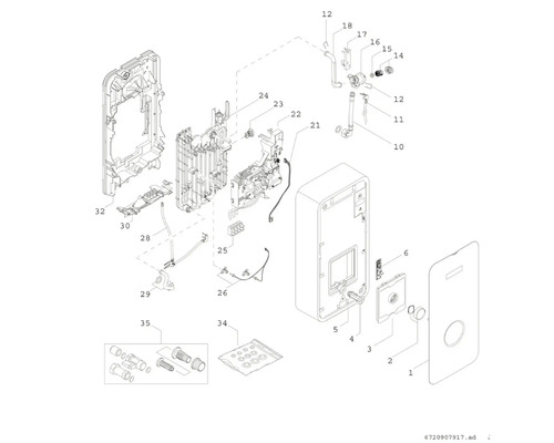 Explosionszeichnung einer Heizungsanlage mit Einzelteilen und Nummern.