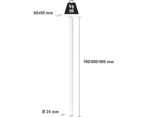 Technische Zeichnung eines Rundstabs mit den Maßen 60x60 mm, 700/800/900 mm Länge und Durchmesser 24 mm, Belastbarkeit 50 kg