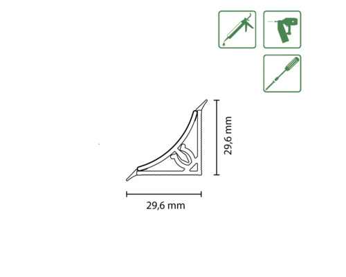 Eckelement mit den Maßen 29,6 mm x 29,6 mm für Zierleisten, zur Montage mit Schrauben, Kleber oder Werkzeug.