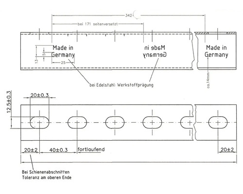 Technische Zeichnung eines Metallprofils mit Maßangaben und Herstellerhinweis Made in Germany