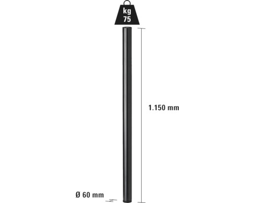 Abmessungen eines Pfostens: 60 Millimeter Durchmesser, 1150 Millimeter Länge, 75 Kilogramm Gewicht.
