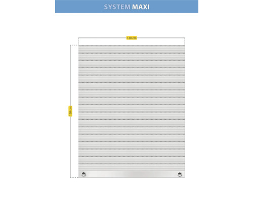 Darstellung der Maße eines Rollladensystems Maxi mit einer Breite von 130 cm und einer Höhe von 150 cm.