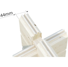 Detailaufnahme einer 44 Millimeter Blockbohlen-Ecke