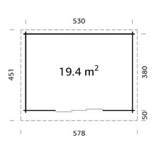 Grundriss mit Maßangaben und einer Fläche von 19,4 Quadratmetern
