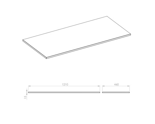 Technische Zeichnung einer Arbeitsplatte mit den Maßen 1210 x 460 x 15 Millimeter.