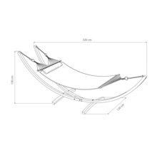 Skizze einer Hängematte mit Holzgestell und Größenangaben.