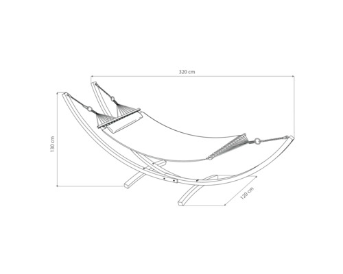 Skizze einer Hängematte mit Holzgestell und Größenangaben.