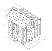 Technische Zeichnung eines Spielhauses mit Maßangaben.