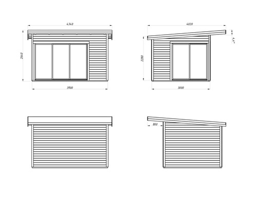 Technische Zeichnung eines Gartenhauses mit Schiebetüren und Pultdach