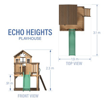 Echo Heights Spielhaus mit Front- und Draufsicht sowie Maßangaben
