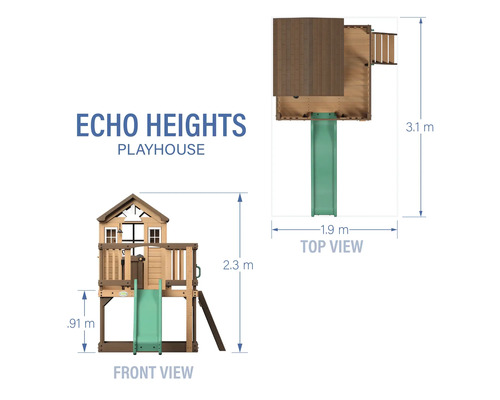Echo Heights Spielhaus mit Front- und Draufsicht sowie Maßangaben