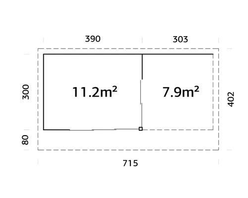 Grundrisszeichnung mit den Maßen 715 x 402 cm, Fläche 11,2 und 7,9 Quadratmeter