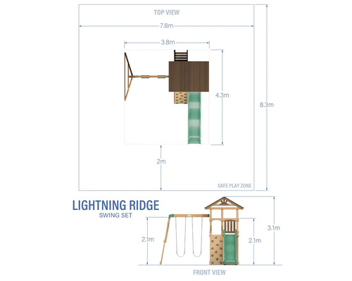 Abmessungen des Lightning Ridge Schaukelsets in der Draufsicht und Vorderansicht.