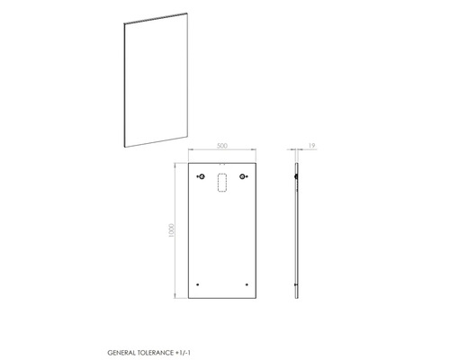 Technische Zeichnung eines Spiegels mit Maßangaben