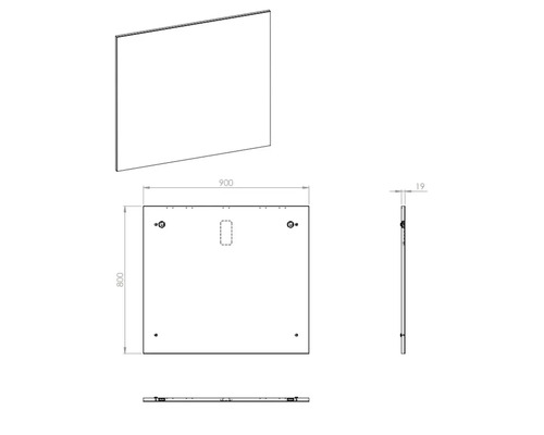 Technische Zeichnung eines Spiegels mit den Maßen 900 x 800 x 19 Millimeter