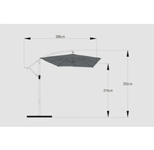 Abmessungen eines Sonnenschirms mit Standfuß: 299 cm Breite, 253 cm Höhe und 214 cm Durchgangshöhe