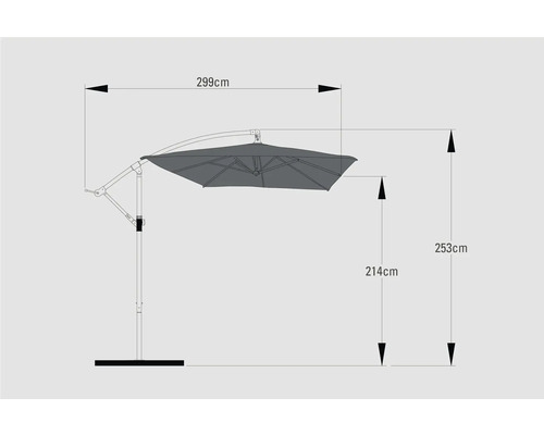 Abmessungen eines Sonnenschirms mit Standfuß: 299 cm Breite, 253 cm Höhe und 214 cm Durchgangshöhe