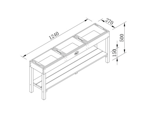 Technische Zeichnung eines AXI Sand- und Wassertisches mit den Maßen 1240 mm Länge, 270 mm Breite und 500 mm Höhe.