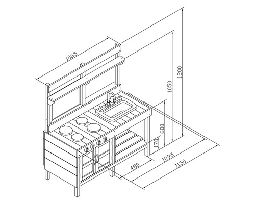 Technische Zeichnung einer Spielküche mit Abmessungen
